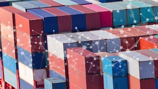 The image depicts colorful cargo container  with connecting dots.